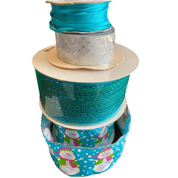 Lot of 8 Blue & Silver Decorative Holiday Ribbons Snowman Glitter Foil Wired VTG - Picture 8 of 12